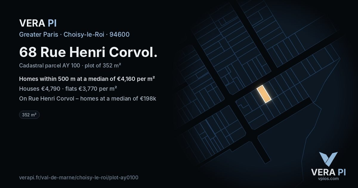 68 Rue Henri Corvol, Choisy-le-Roi at night – the plot lit, the parcels around coloured by the prices near them