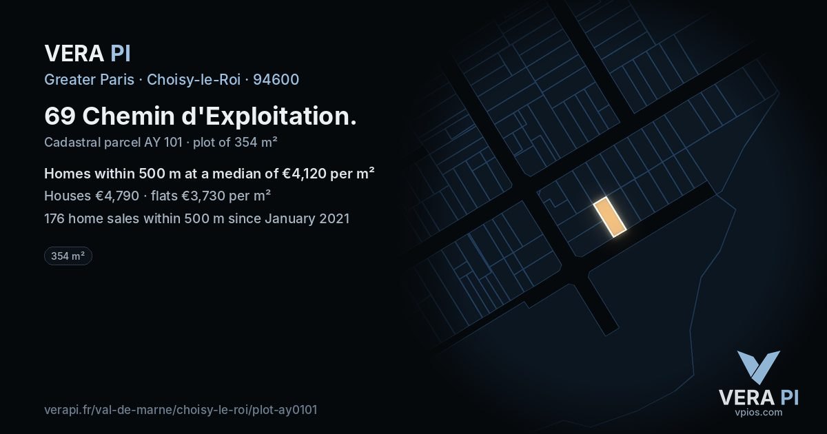 69 Chemin d'Exploitation, Choisy-le-Roi at night – the plot lit, the parcels around coloured by the prices near them