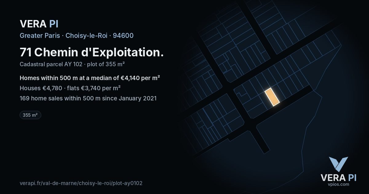 71 Chemin d'Exploitation, Choisy-le-Roi at night – the plot lit, the parcels around coloured by the prices near them