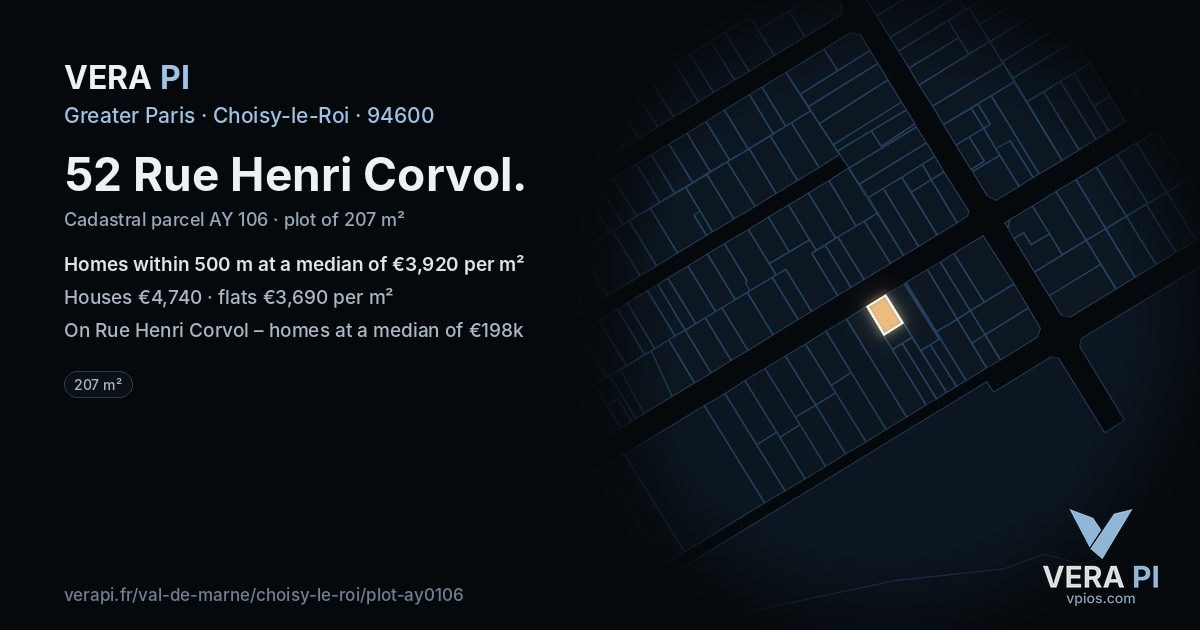52 Rue Henri Corvol, Choisy-le-Roi at night – the plot lit, the parcels around coloured by the prices near them
