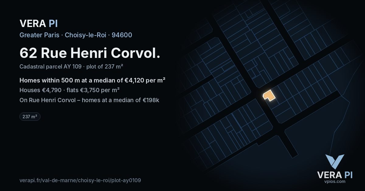 62 Rue Henri Corvol, Choisy-le-Roi at night – the plot lit, the parcels around coloured by the prices near them