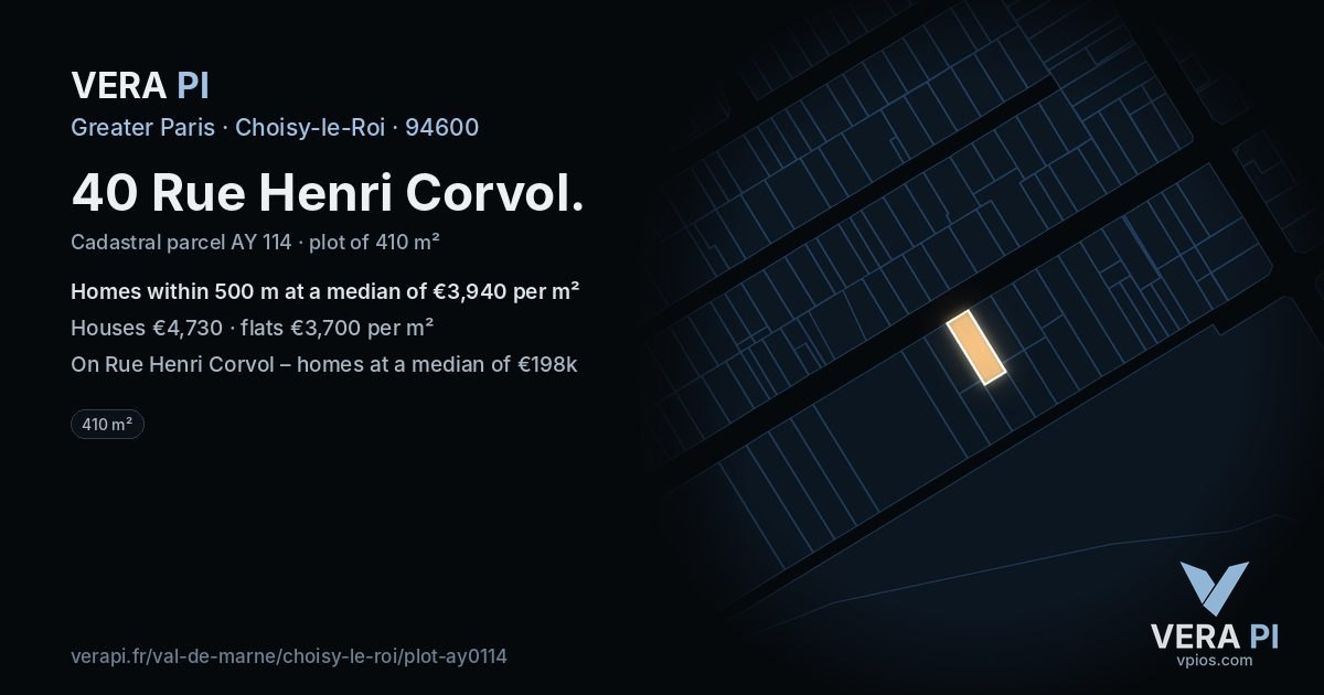 40 Rue Henri Corvol, Choisy-le-Roi at night – the plot lit, the parcels around coloured by the prices near them
