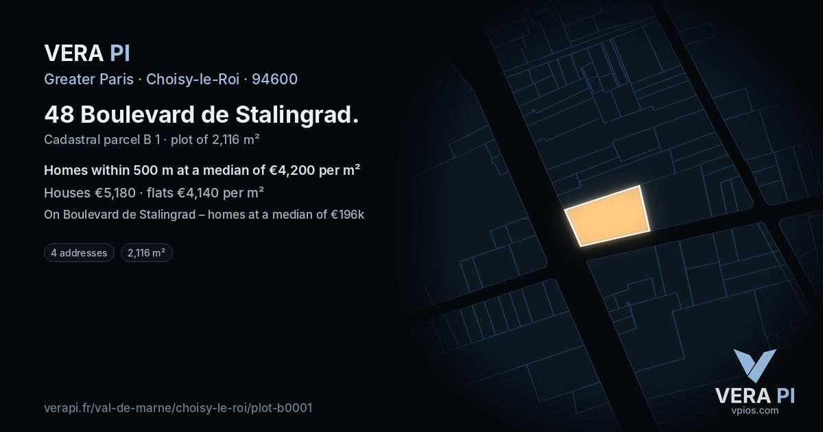 48 Boulevard de Stalingrad, Choisy-le-Roi at night – the plot lit, the parcels around coloured by the prices near them