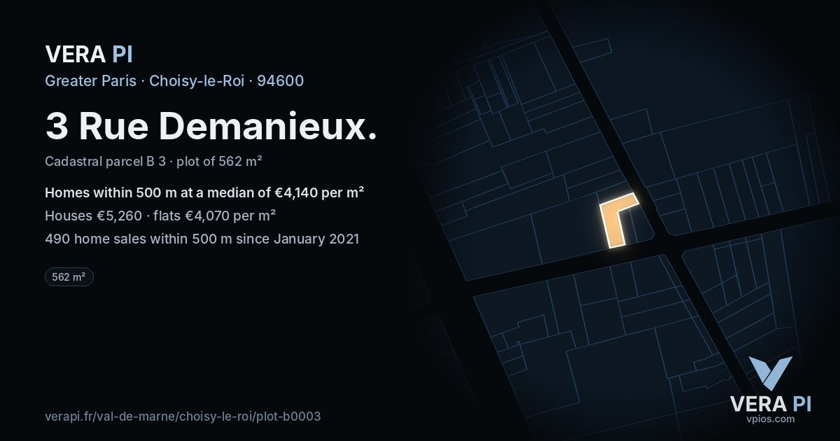 3 Rue Demanieux, Choisy-le-Roi at night – the plot lit, the parcels around coloured by the prices near them
