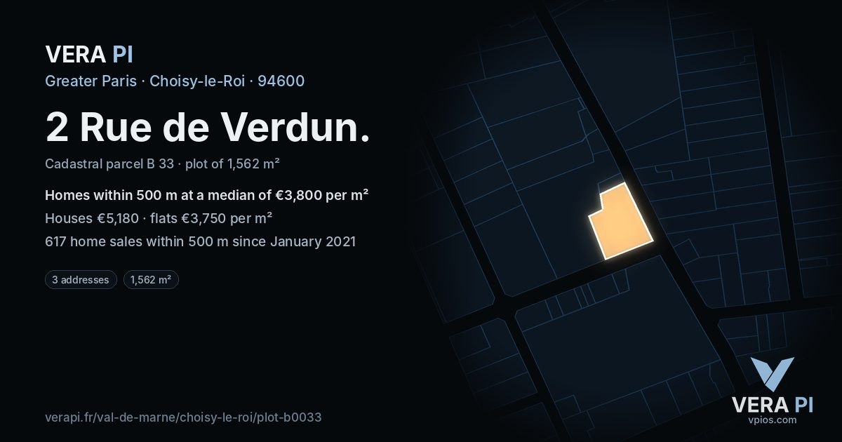 2 Rue de Verdun, Choisy-le-Roi at night – the plot lit, the parcels around coloured by the prices near them