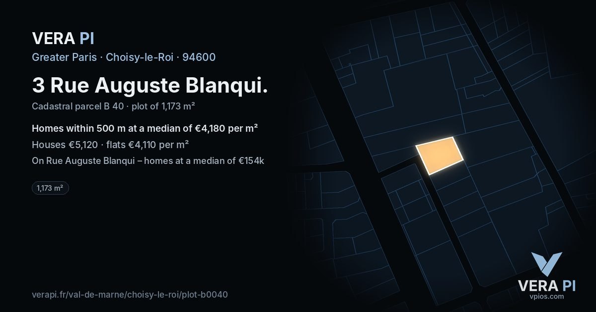 3 Rue Auguste Blanqui, Choisy-le-Roi at night – the plot lit, the parcels around coloured by the prices near them