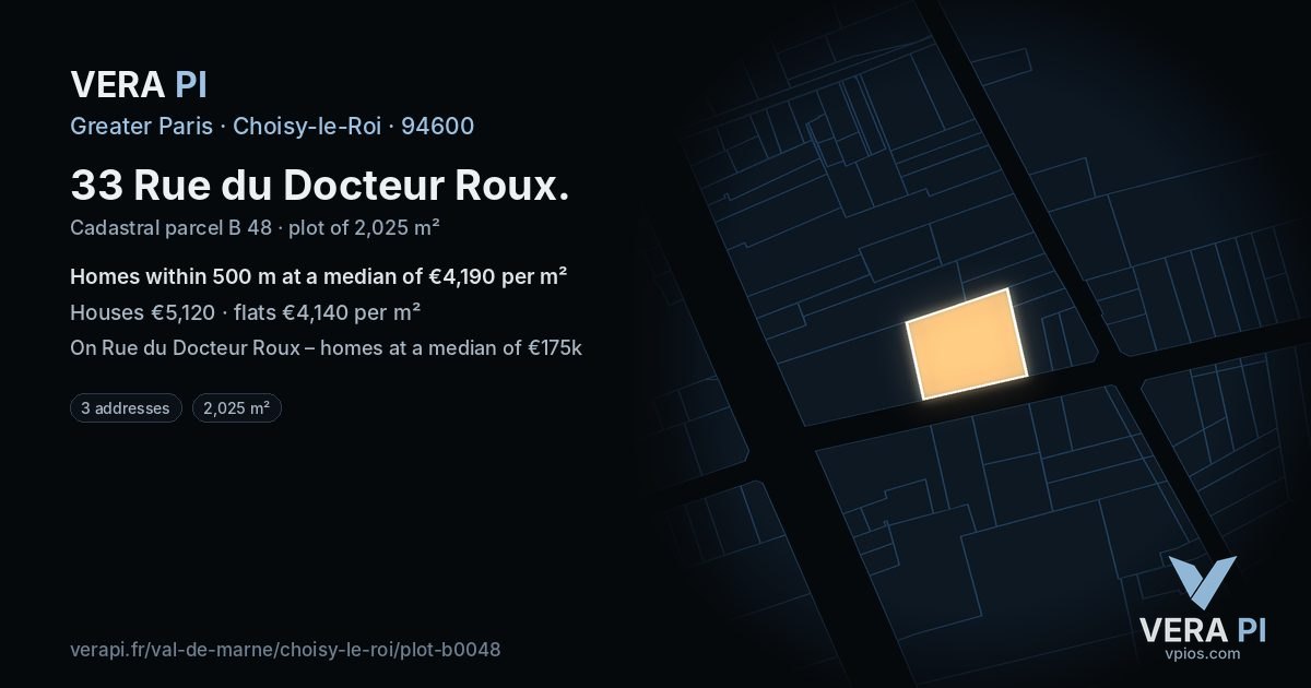 33 Rue du Docteur Roux, Choisy-le-Roi at night – the plot lit, the parcels around coloured by the prices near them