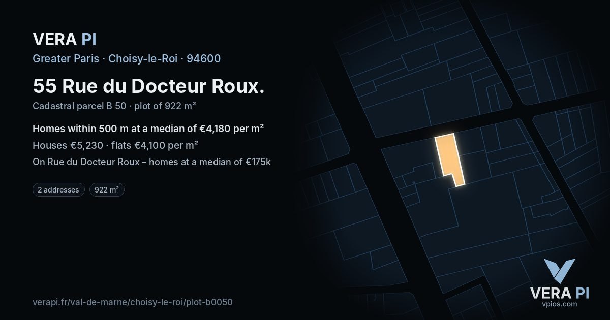 55 Rue du Docteur Roux, Choisy-le-Roi at night – the plot lit, the parcels around coloured by the prices near them