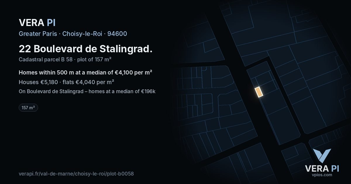 22 Boulevard de Stalingrad, Choisy-le-Roi at night – the plot lit, the parcels around coloured by the prices near them