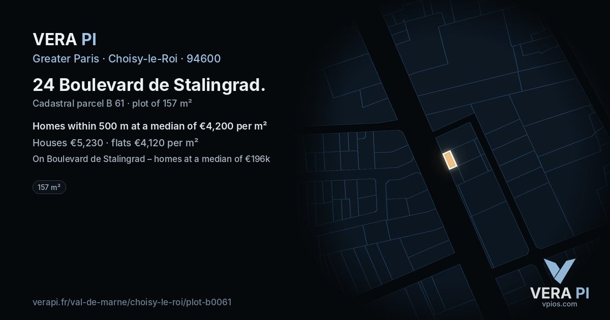 24 Boulevard de Stalingrad, Choisy-le-Roi at night – the plot lit, the parcels around coloured by the prices near them