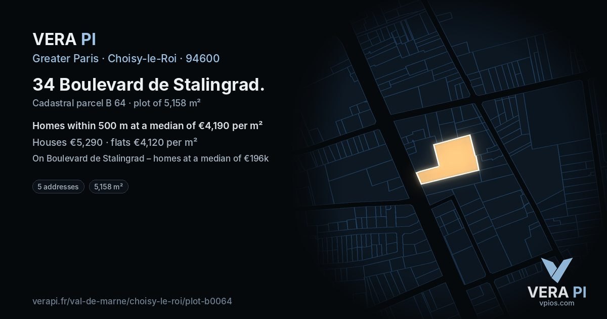 34 Boulevard de Stalingrad, Choisy-le-Roi at night – the plot lit, the parcels around coloured by the prices near them