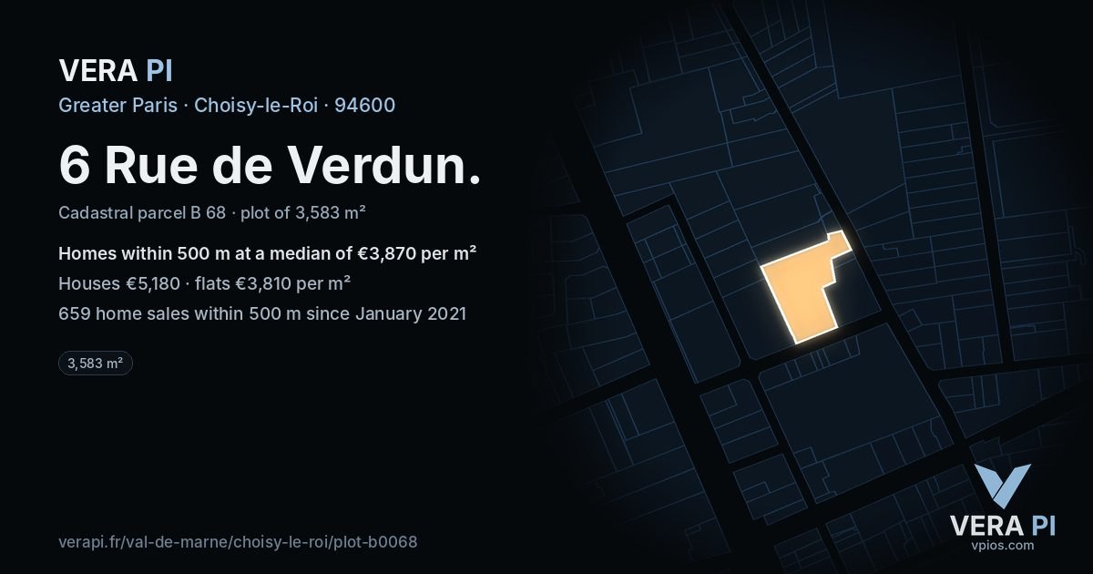 6 Rue de Verdun, Choisy-le-Roi at night – the plot lit, the parcels around coloured by the prices near them