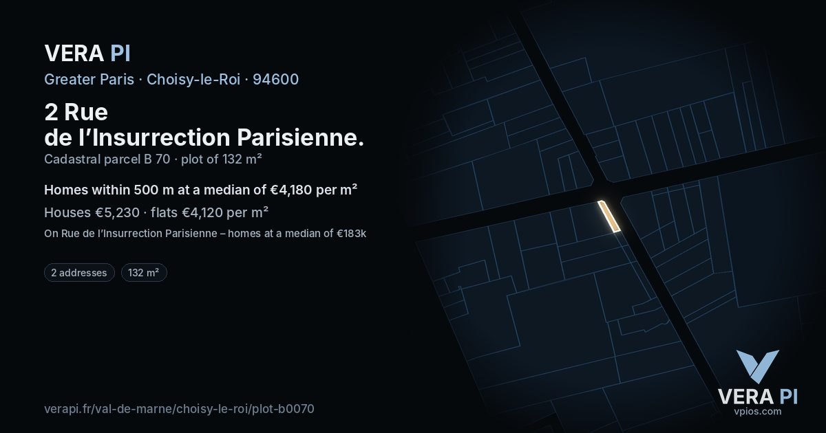2 Rue de l’Insurrection Parisienne, Choisy-le-Roi at night – the plot lit, the parcels around coloured by the prices near them