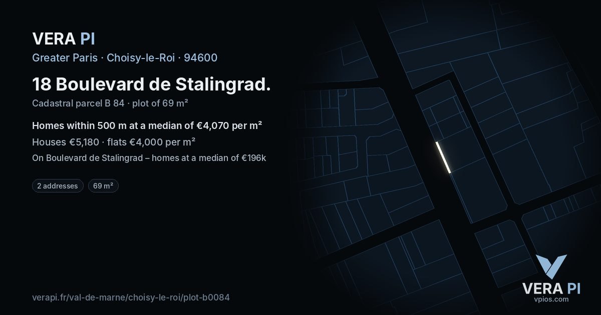 18 Boulevard de Stalingrad, Choisy-le-Roi at night – the plot lit, the parcels around coloured by the prices near them