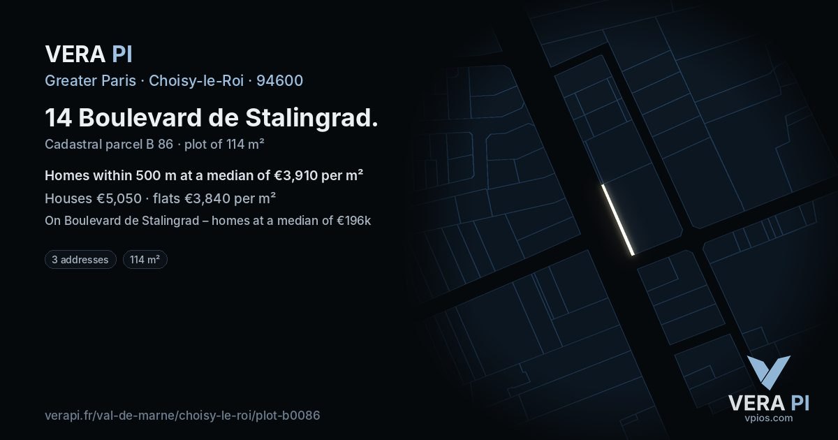 14 Boulevard de Stalingrad, Choisy-le-Roi at night – the plot lit, the parcels around coloured by the prices near them
