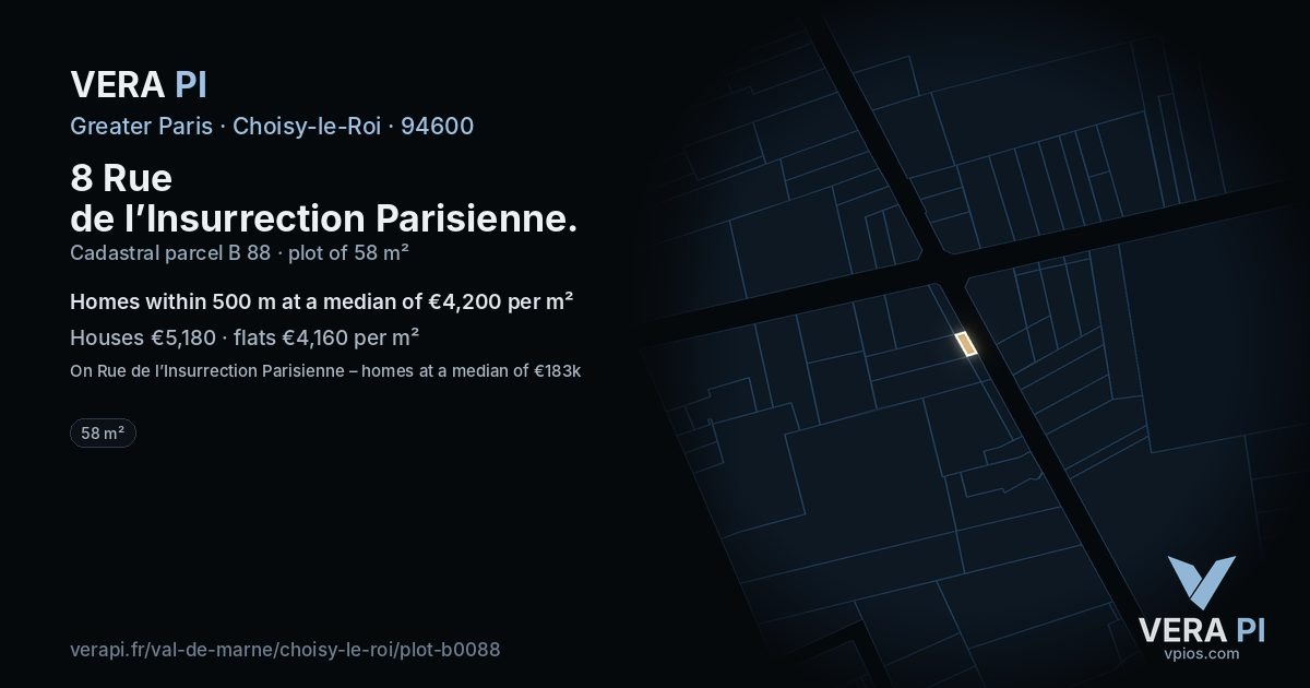 8 Rue de l’Insurrection Parisienne, Choisy-le-Roi at night – the plot lit, the parcels around coloured by the prices near them
