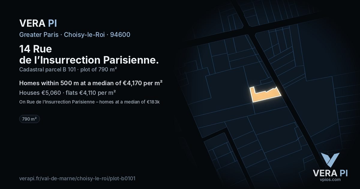 14 Rue de l’Insurrection Parisienne, Choisy-le-Roi at night – the plot lit, the parcels around coloured by the prices near them