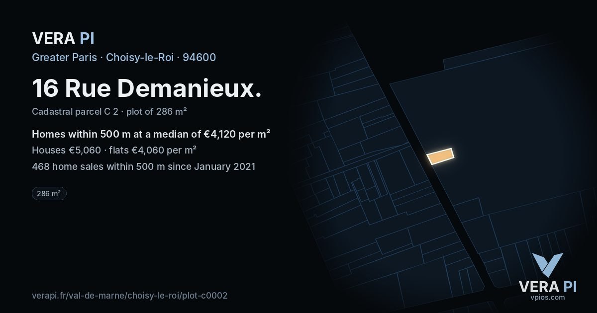 16 Rue Demanieux, Choisy-le-Roi at night – the plot lit, the parcels around coloured by the prices near them