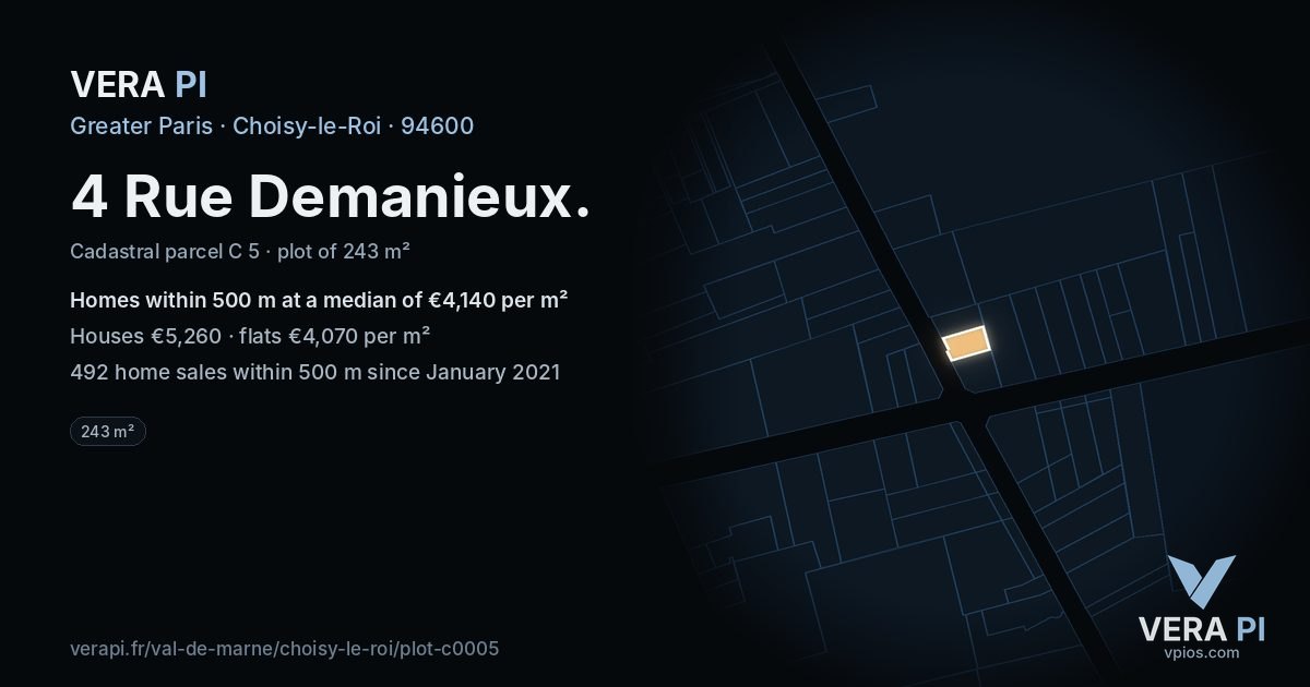 4 Rue Demanieux, Choisy-le-Roi at night – the plot lit, the parcels around coloured by the prices near them