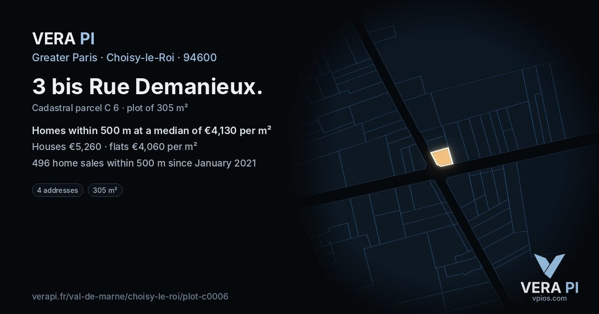 3 bis Rue Demanieux, Choisy-le-Roi at night – the plot lit, the parcels around coloured by the prices near them