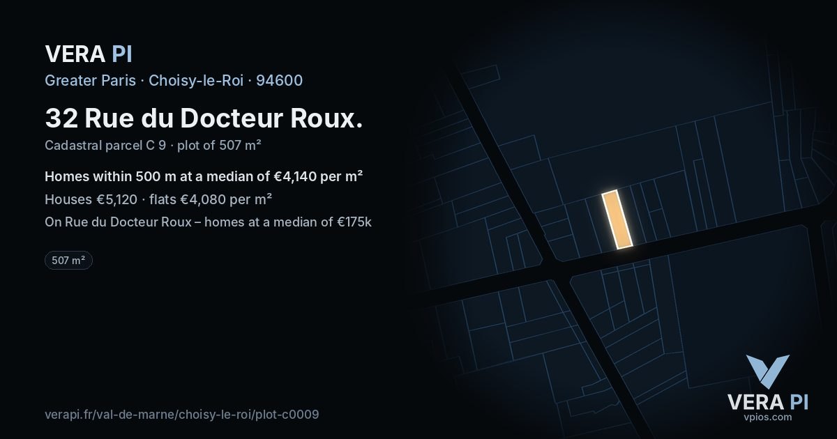 32 Rue du Docteur Roux, Choisy-le-Roi at night – the plot lit, the parcels around coloured by the prices near them