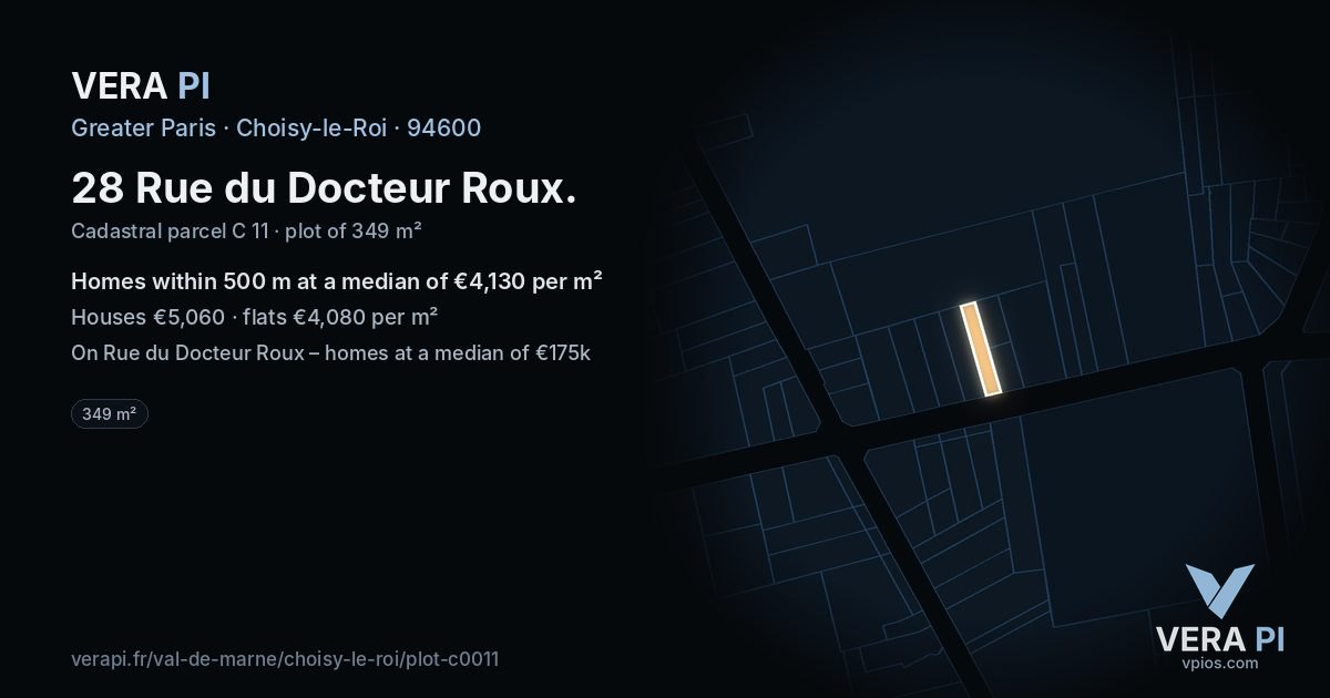 28 Rue du Docteur Roux, Choisy-le-Roi at night – the plot lit, the parcels around coloured by the prices near them