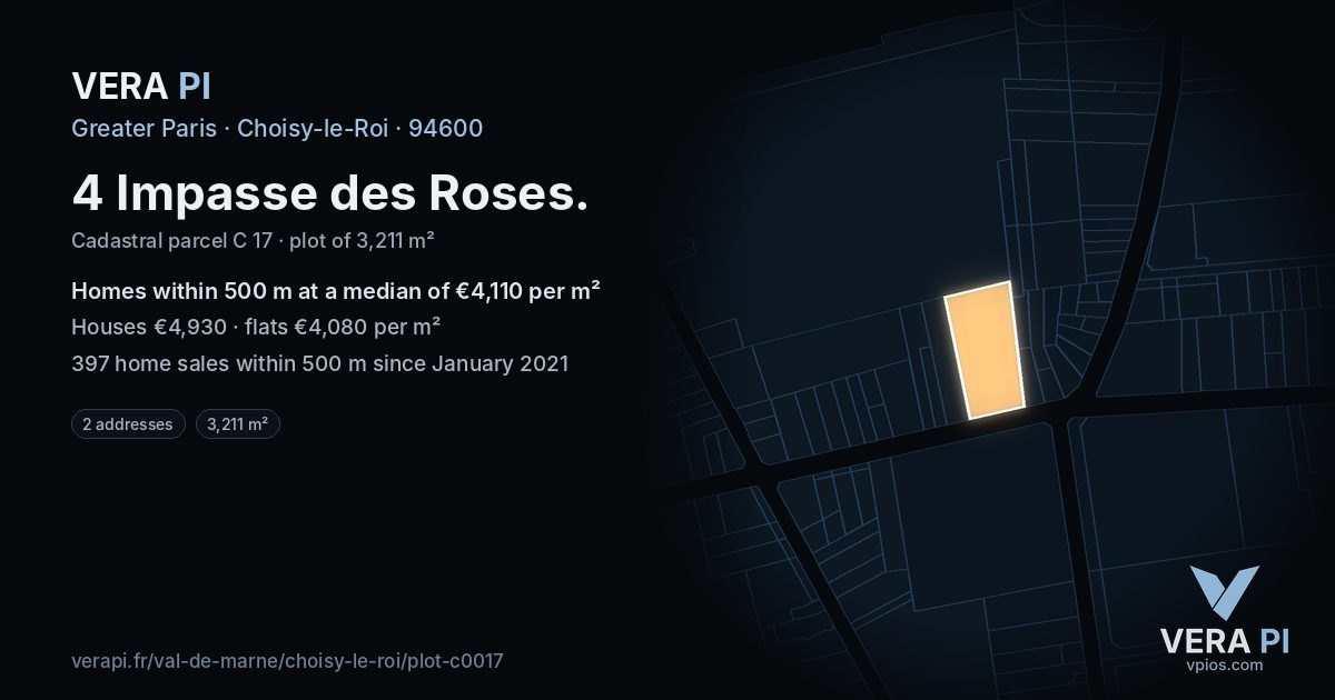 4 Impasse des Roses, Choisy-le-Roi at night – the plot lit, the parcels around coloured by the prices near them