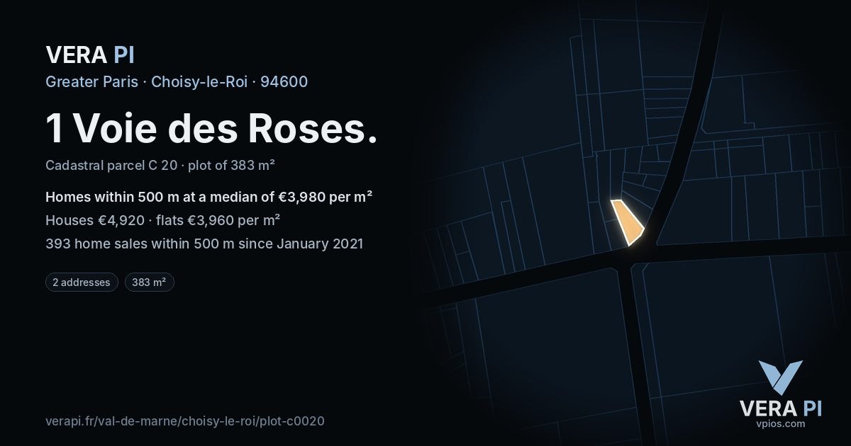 1 Voie des Roses, Choisy-le-Roi at night – the plot lit, the parcels around coloured by the prices near them