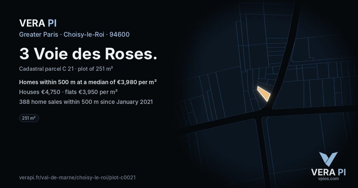 3 Voie des Roses, Choisy-le-Roi at night – the plot lit, the parcels around coloured by the prices near them