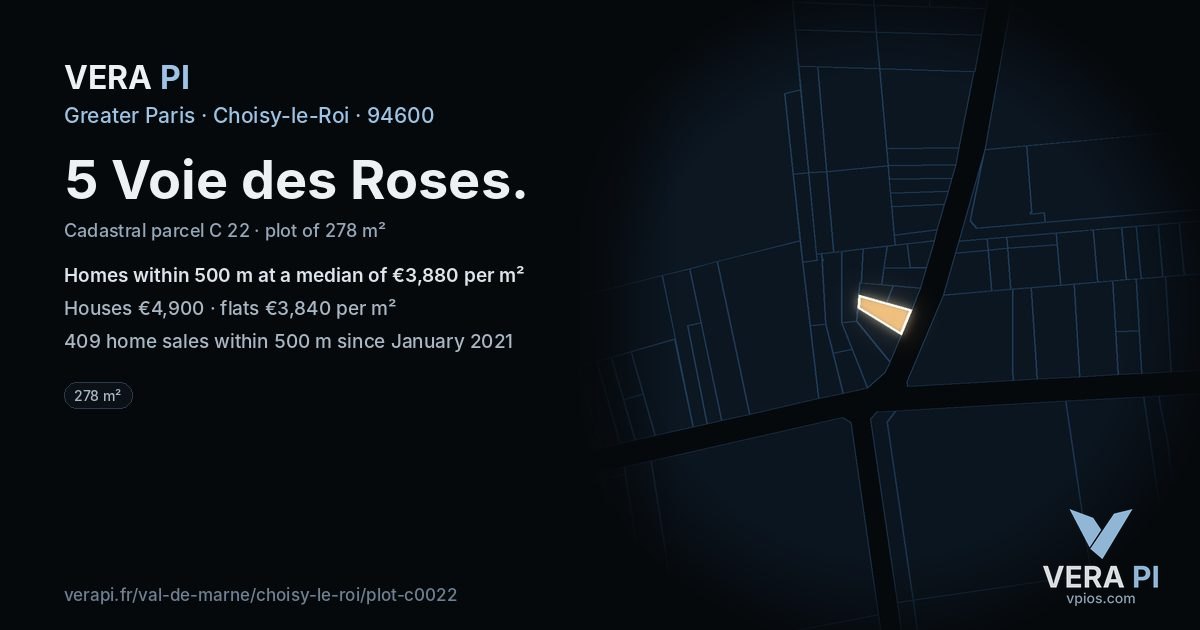 5 Voie des Roses, Choisy-le-Roi at night – the plot lit, the parcels around coloured by the prices near them