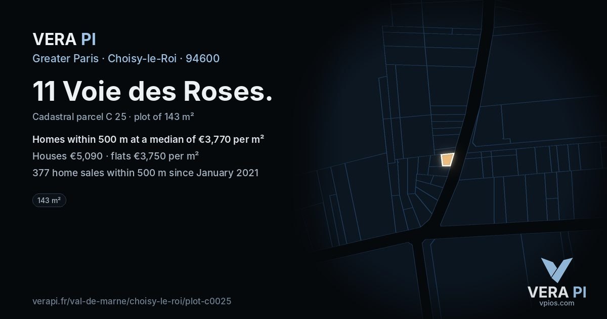 11 Voie des Roses, Choisy-le-Roi at night – the plot lit, the parcels around coloured by the prices near them