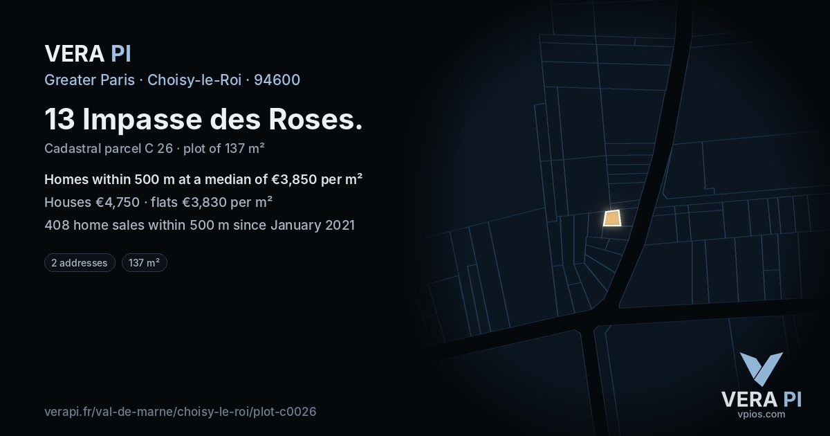 13 Impasse des Roses, Choisy-le-Roi at night – the plot lit, the parcels around coloured by the prices near them