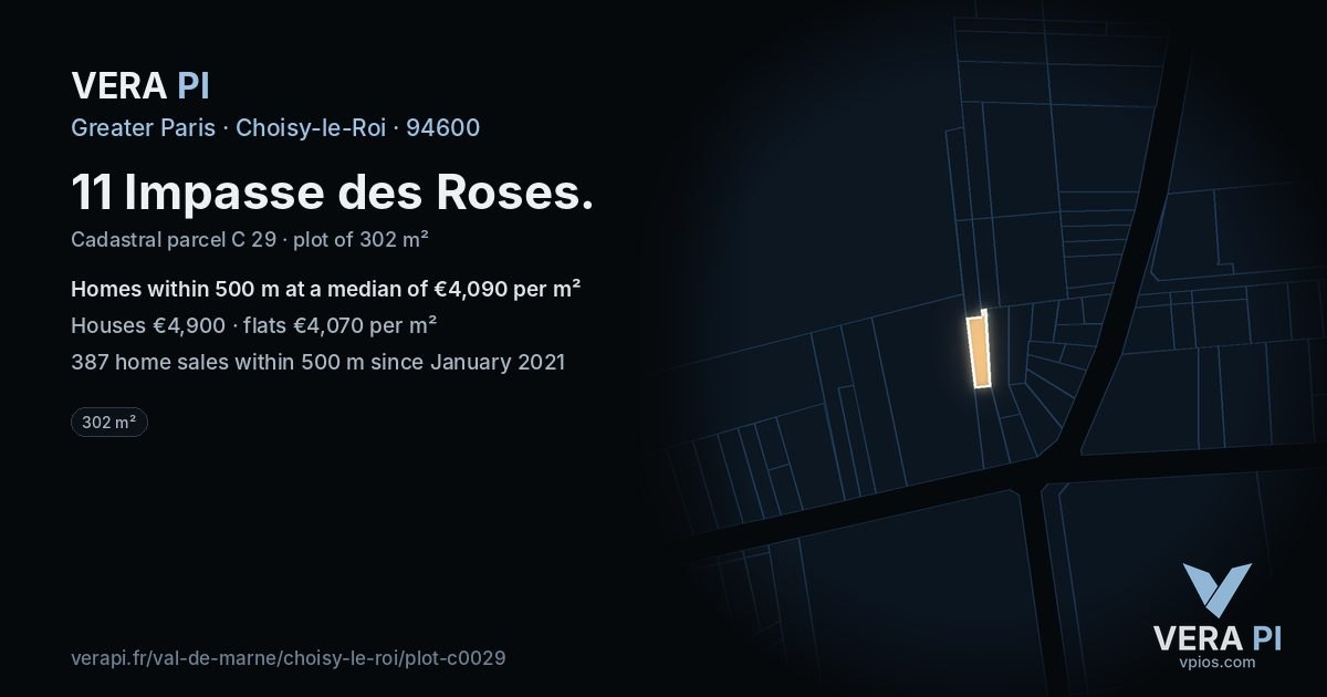 11 Impasse des Roses, Choisy-le-Roi at night – the plot lit, the parcels around coloured by the prices near them
