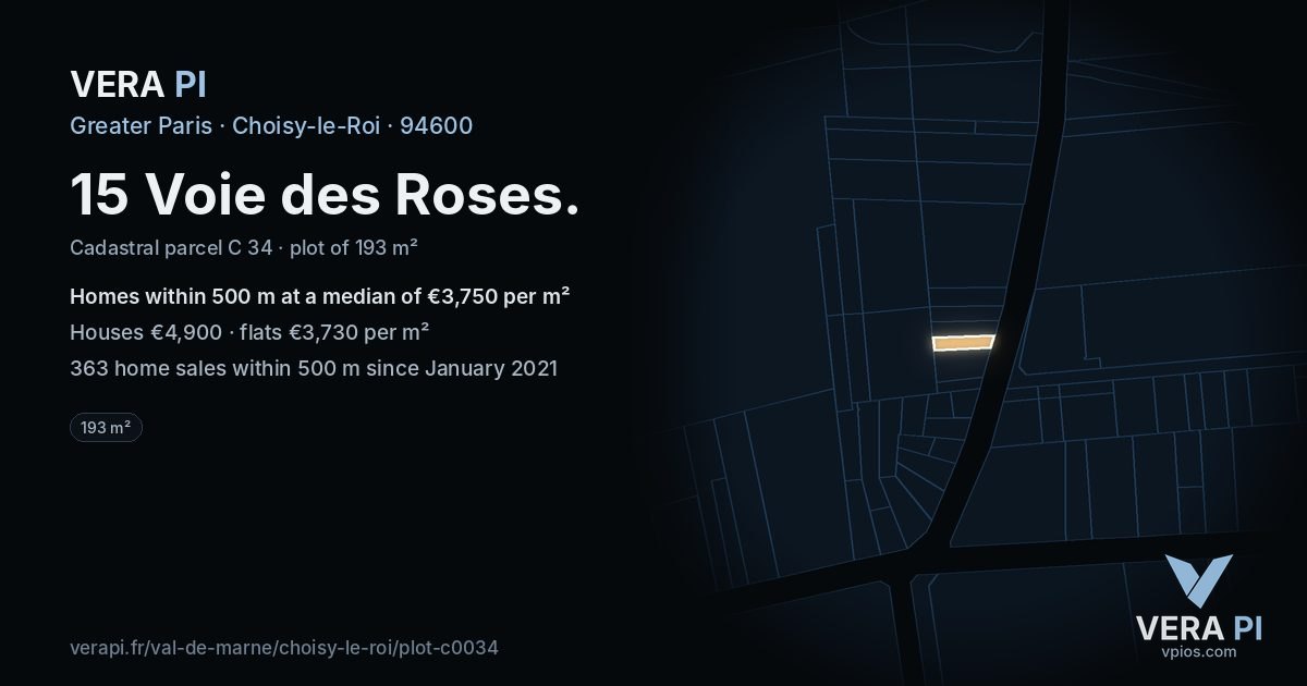15 Voie des Roses, Choisy-le-Roi at night – the plot lit, the parcels around coloured by the prices near them