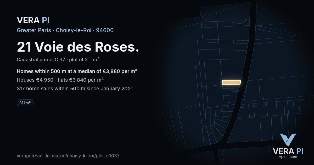 21 Voie des Roses, Choisy-le-Roi at night – the plot lit, the parcels around coloured by the prices near them