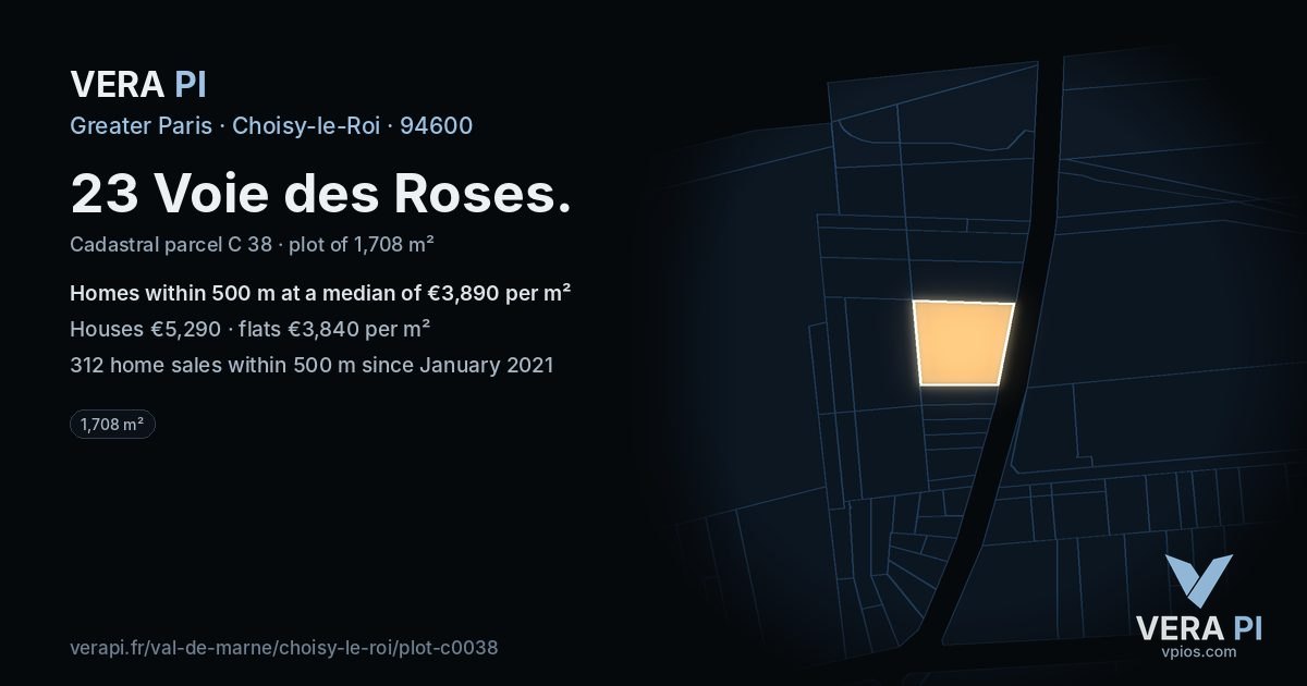 23 Voie des Roses, Choisy-le-Roi at night – the plot lit, the parcels around coloured by the prices near them