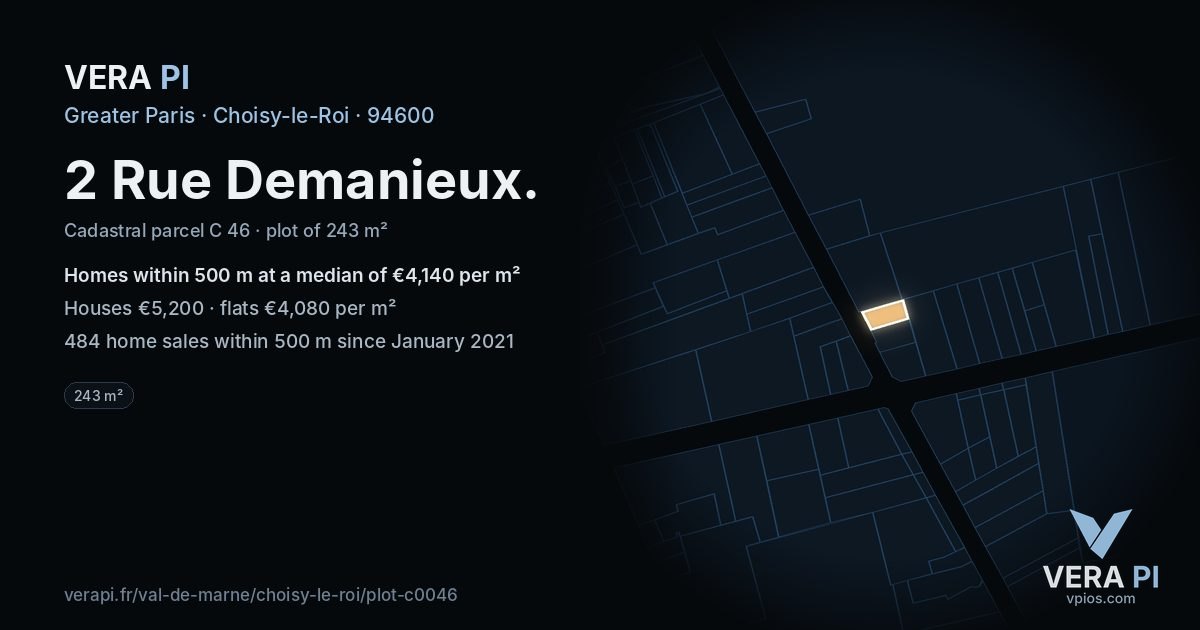 2 Rue Demanieux, Choisy-le-Roi at night – the plot lit, the parcels around coloured by the prices near them