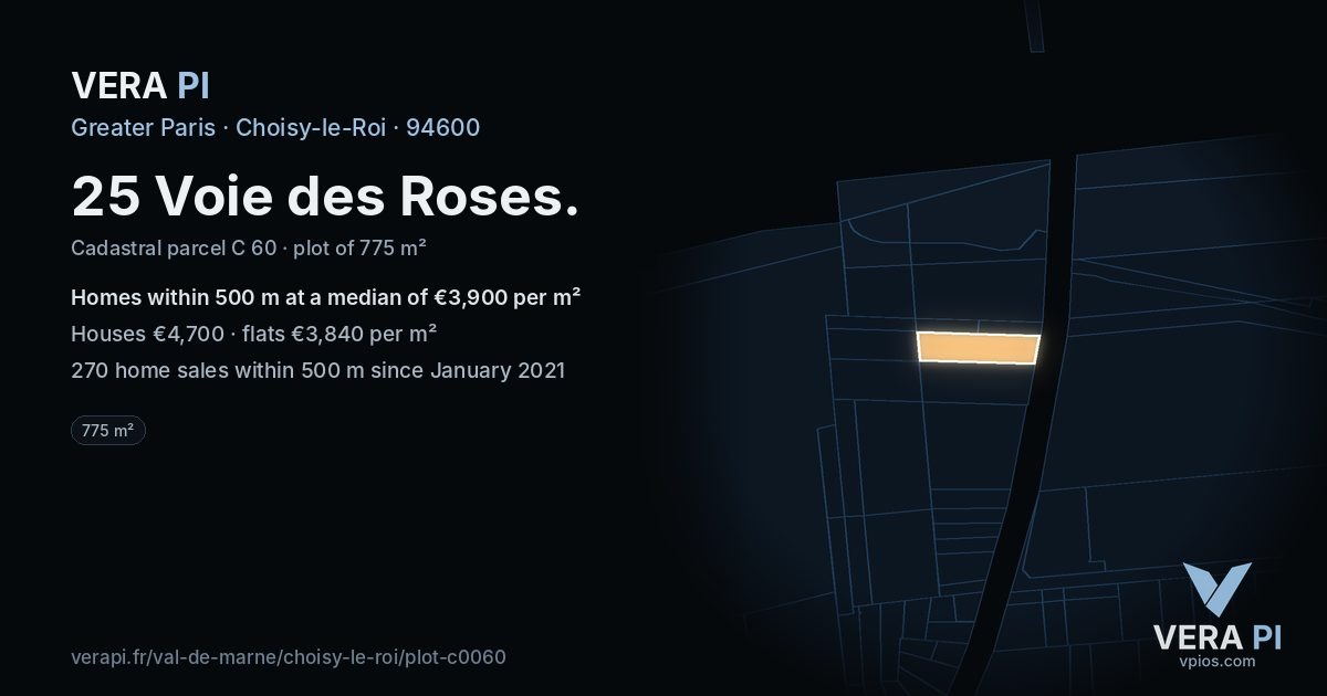25 Voie des Roses, Choisy-le-Roi at night – the plot lit, the parcels around coloured by the prices near them