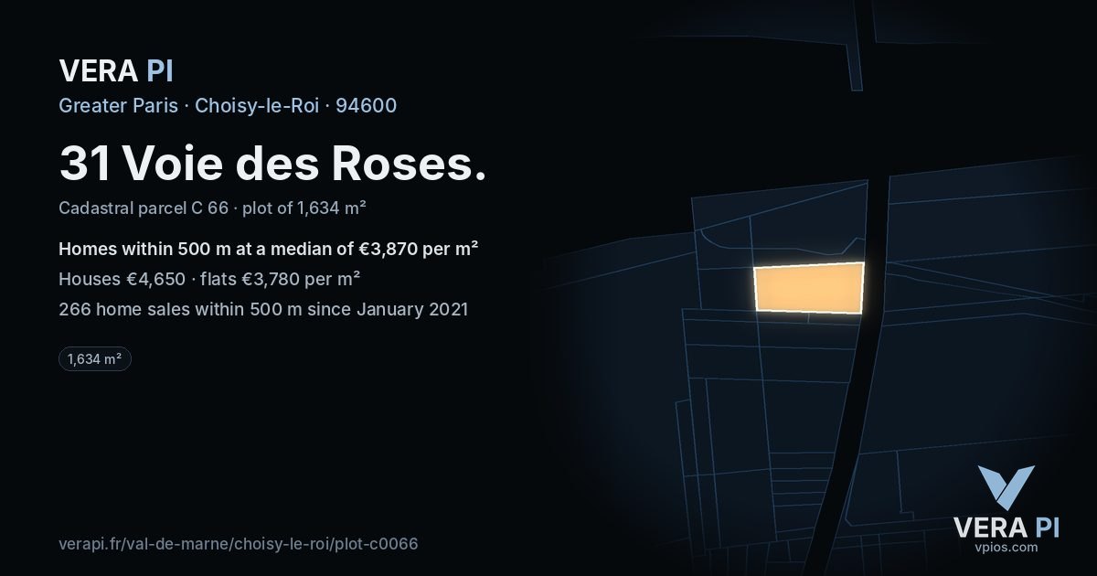 31 Voie des Roses, Choisy-le-Roi at night – the plot lit, the parcels around coloured by the prices near them