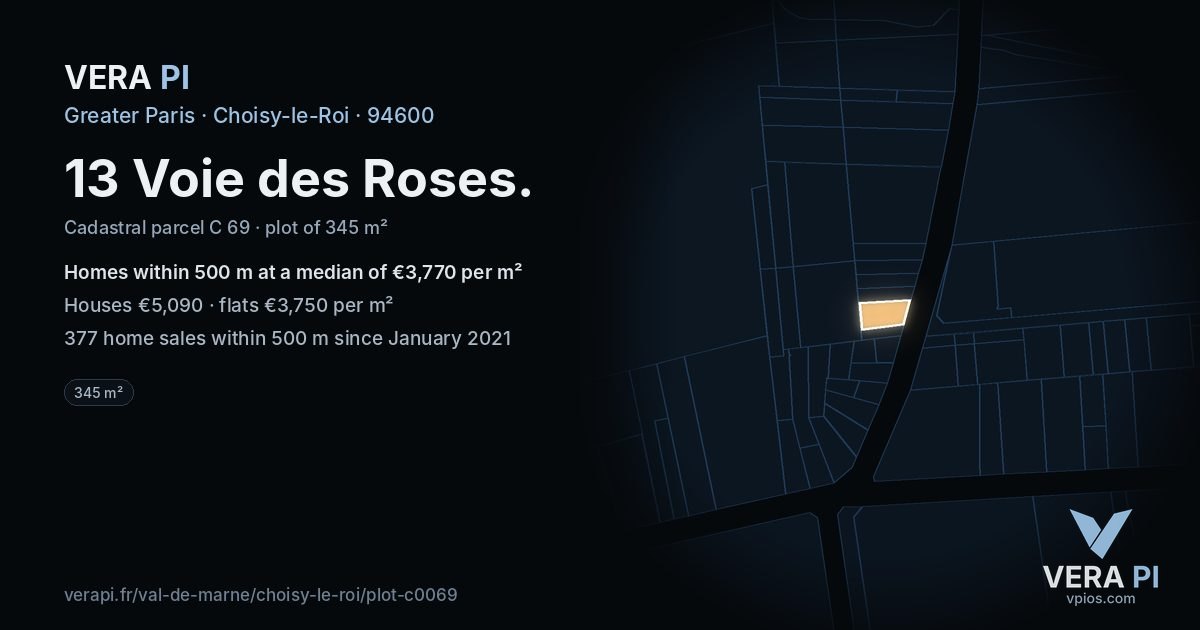 13 Voie des Roses, Choisy-le-Roi at night – the plot lit, the parcels around coloured by the prices near them