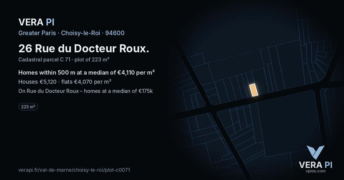 26 Rue du Docteur Roux, Choisy-le-Roi at night – the plot lit, the parcels around coloured by the prices near them