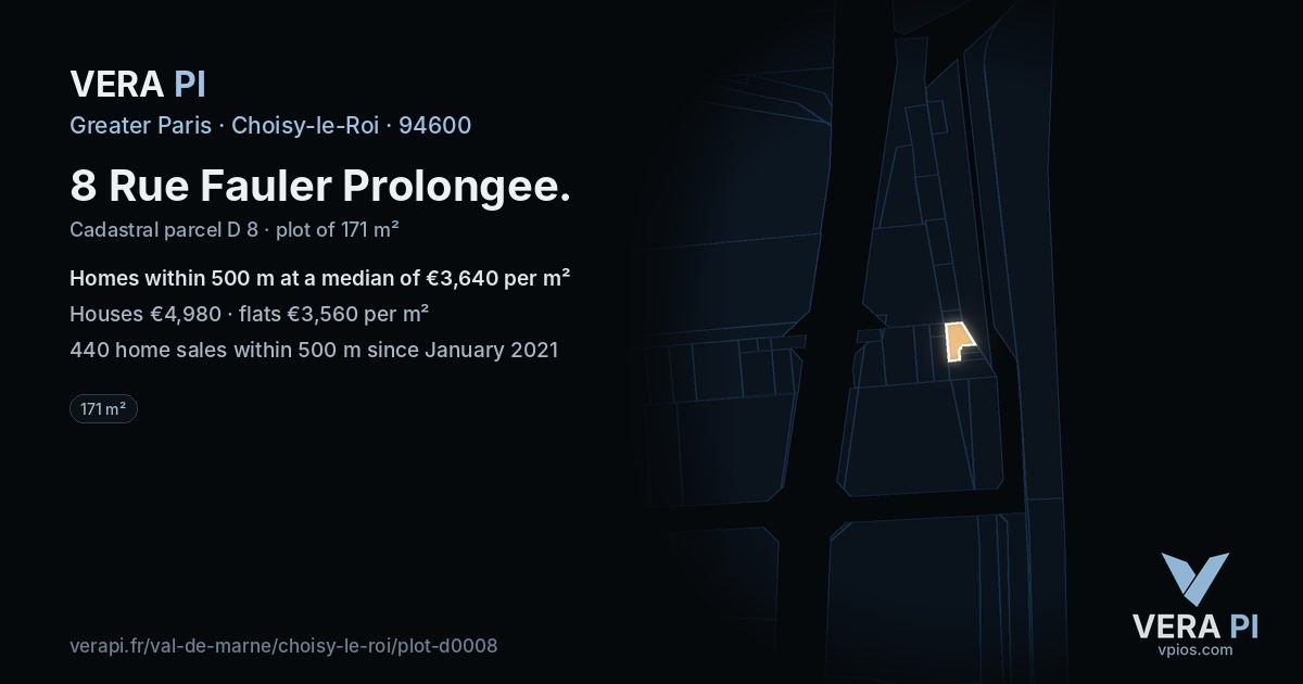 8 Rue Fauler Prolongee, Choisy-le-Roi at night – the plot lit, the parcels around coloured by the prices near them