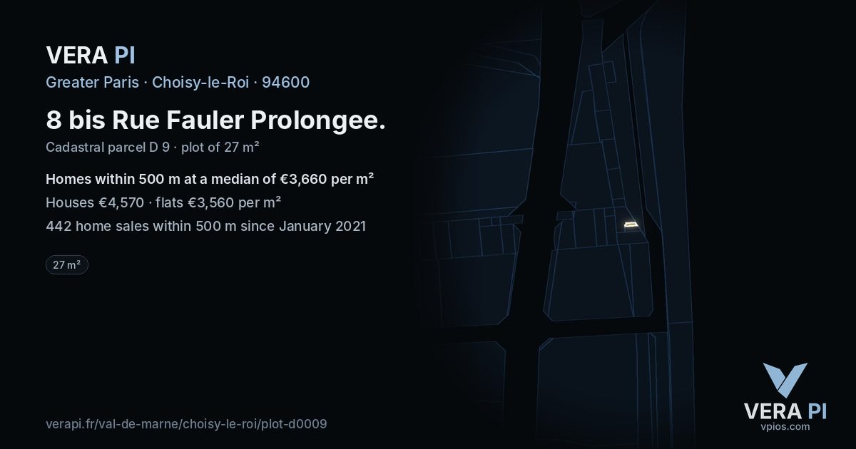8 bis Rue Fauler Prolongee, Choisy-le-Roi at night – the plot lit, the parcels around coloured by the prices near them