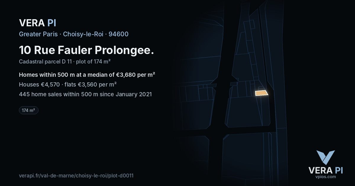 10 Rue Fauler Prolongee, Choisy-le-Roi at night – the plot lit, the parcels around coloured by the prices near them