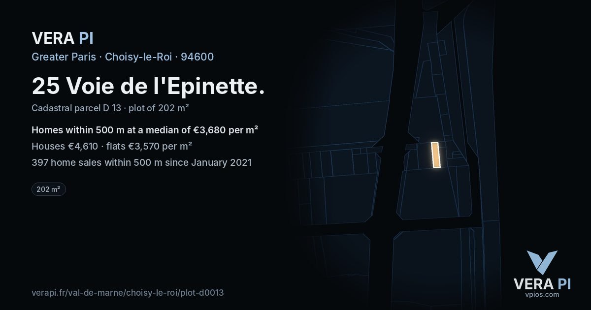 25 Voie de l'Epinette, Choisy-le-Roi at night – the plot lit, the parcels around coloured by the prices near them