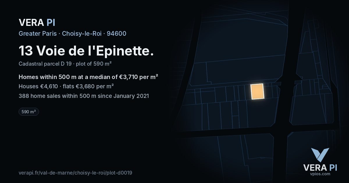 13 Voie de l'Epinette, Choisy-le-Roi at night – the plot lit, the parcels around coloured by the prices near them