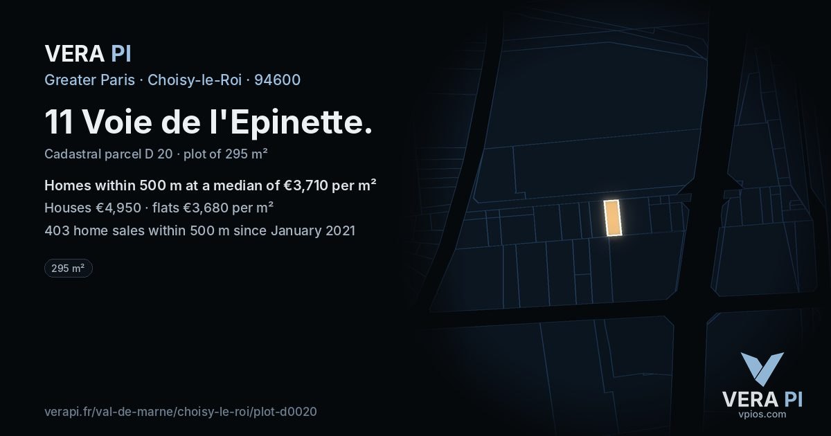 11 Voie de l'Epinette, Choisy-le-Roi at night – the plot lit, the parcels around coloured by the prices near them