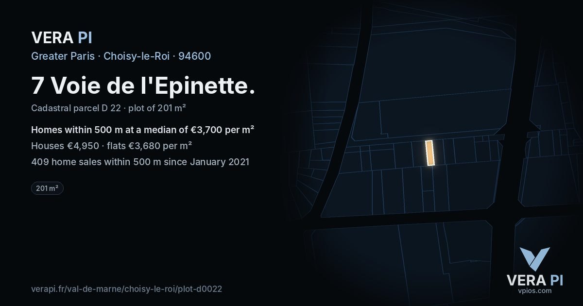 7 Voie de l'Epinette, Choisy-le-Roi at night – the plot lit, the parcels around coloured by the prices near them
