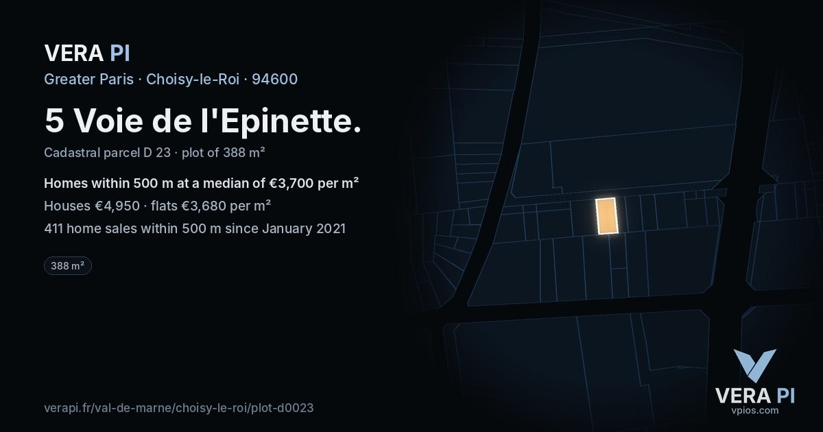 5 Voie de l'Epinette, Choisy-le-Roi at night – the plot lit, the parcels around coloured by the prices near them