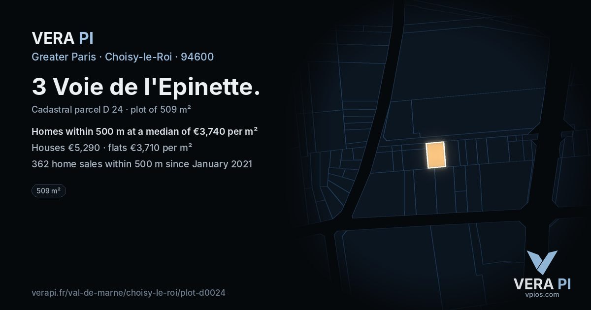 3 Voie de l'Epinette, Choisy-le-Roi at night – the plot lit, the parcels around coloured by the prices near them